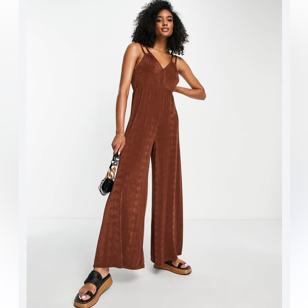 Topshop Wide Leg Jumpsuit V Neck Chocolate Chestnut Brown Sz 6